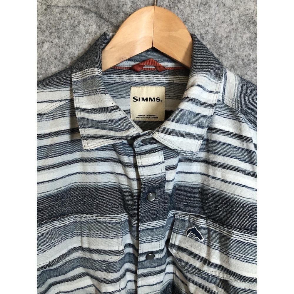 Simms Shirt Mens Small Gray Stripe Galatin Flannel Pearl Snap Fish Hike Outdoor